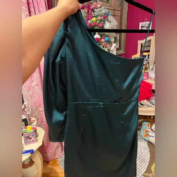 These Three Boutique Green Satin Dress | One shoulder satin dress - Picture 7 of 10